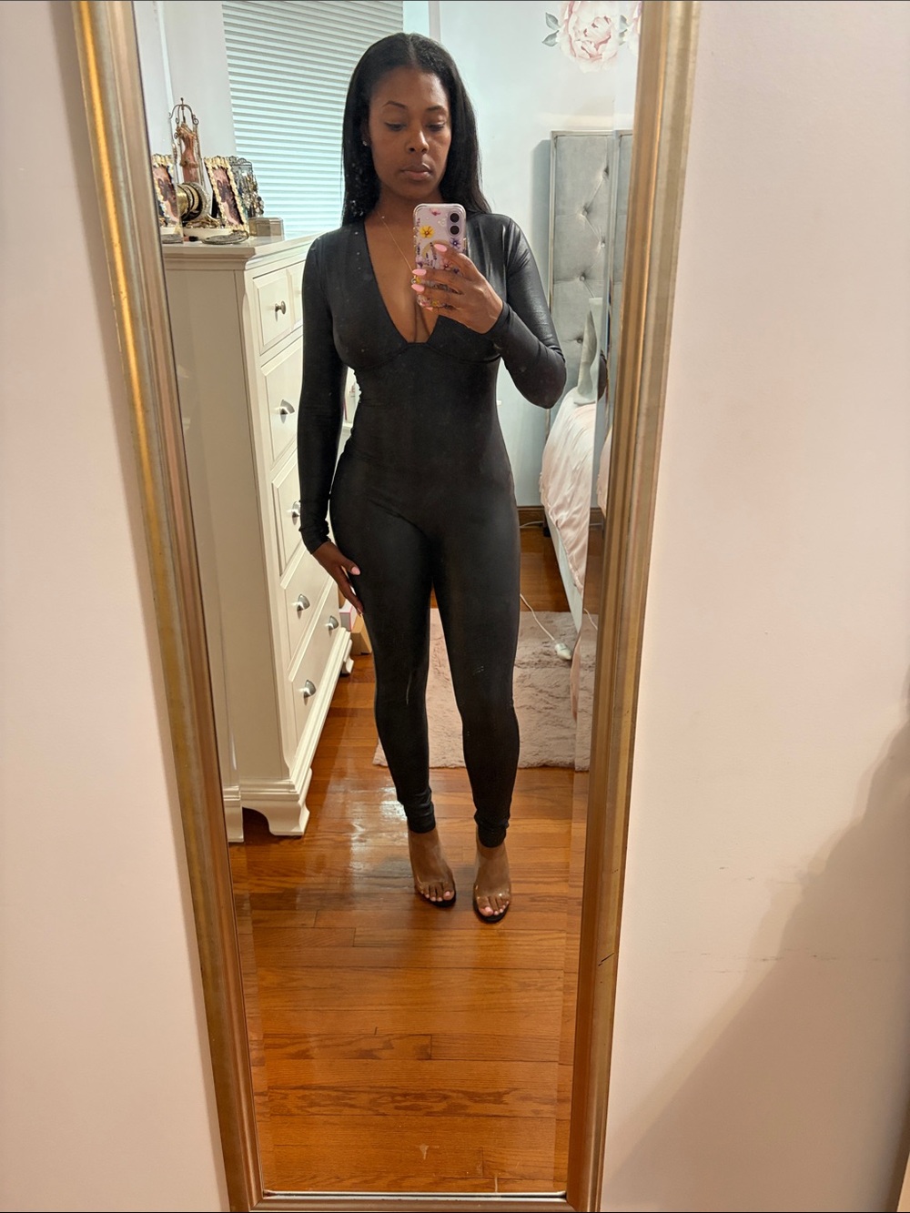 Black Long-Sleeve V-Neck Jumpsuit